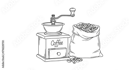 Vintage coffee grinder and burlap sack brimming with roasted beans evoke artisanal brewing charm