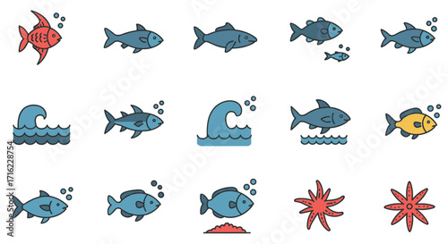 Colorful marine life icons collection featuring fish and sea elements