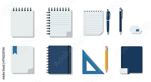 Flat design stationery collection: notebooks, pens, and geometric tools