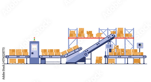 Automated warehouse system with conveyor belts and storage racks