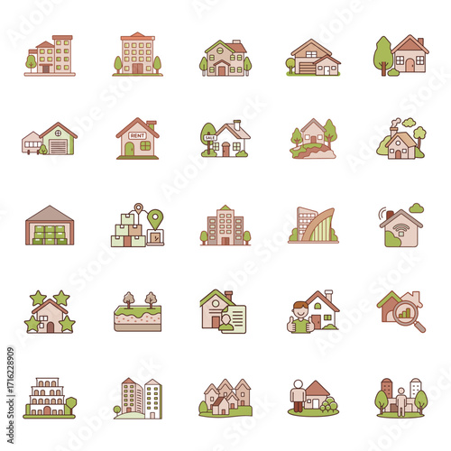 Collection of property management and real estate house building icons for digital and print projects 