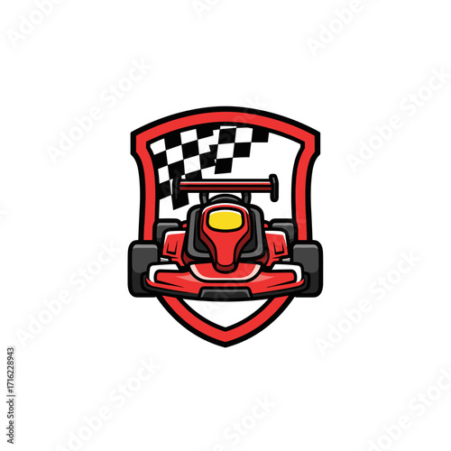 Red Go Kart Racing Emblem with Checkered Flag.