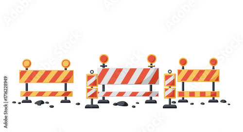 Bright construction barriers with orange warning lights and reflective stripes