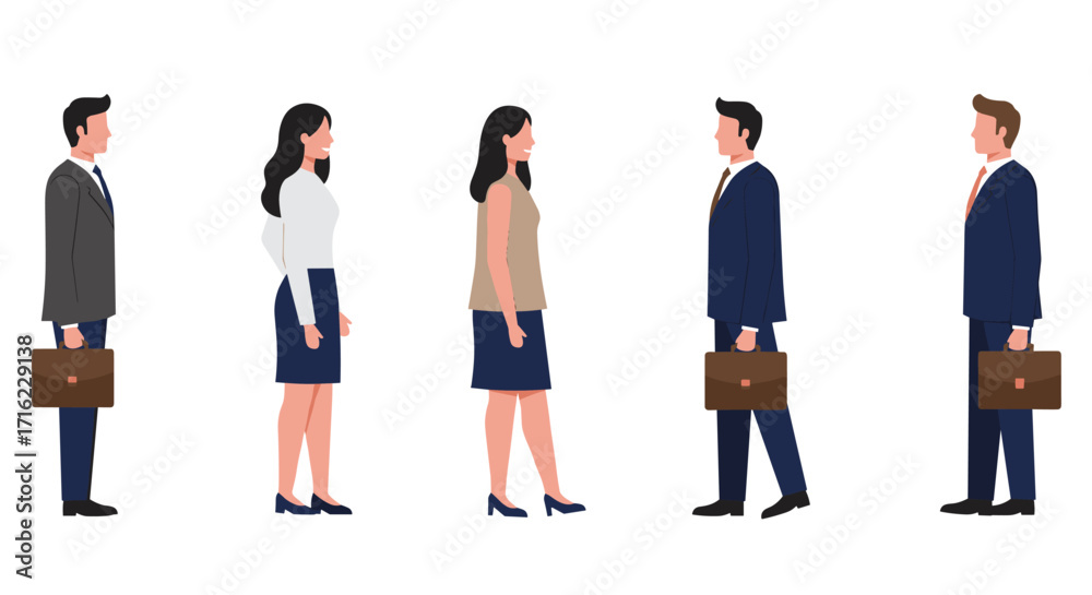 Fototapeta premium Professionals in business attire standing in a line on white background