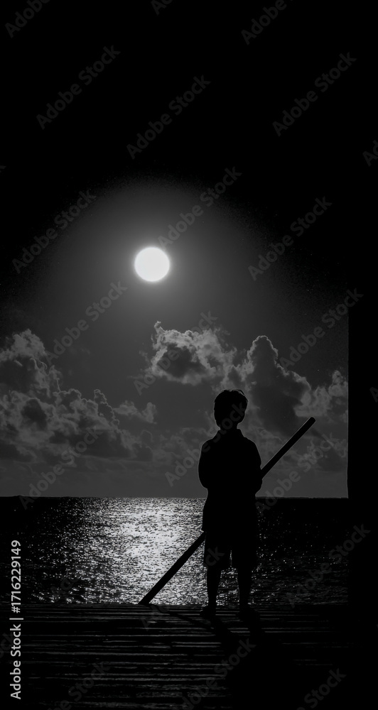 Fototapeta premium Lone figure rowing a boat under a bright full moon on a calm ocean at night
