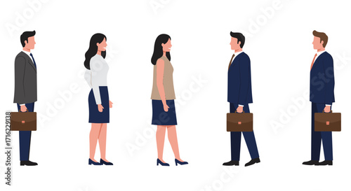 Professionals in business attire standing in a line on white background