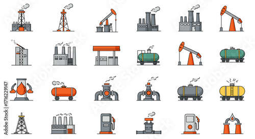 Industrial icons: energy production and fuel processing elements