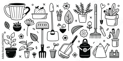 Hand drawn gardening tools and plants collection for outdoor garden and indoor plant enthusiasts
