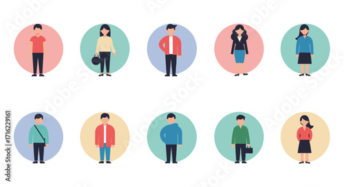 Diverse characters in modern flat style with colorful background circles