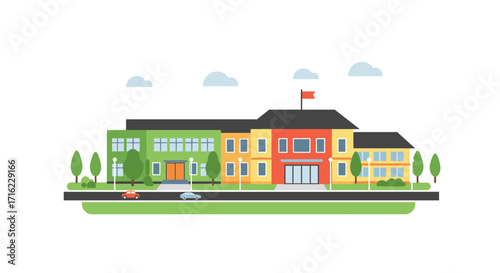 Colorful modern school building with trees and cars
