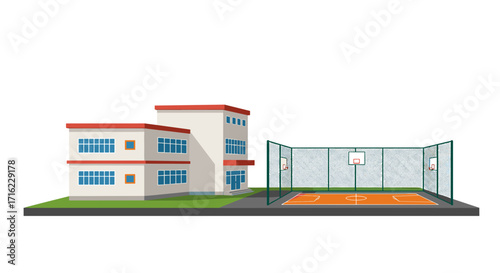 Modern school building with outdoor basketball court in flat design