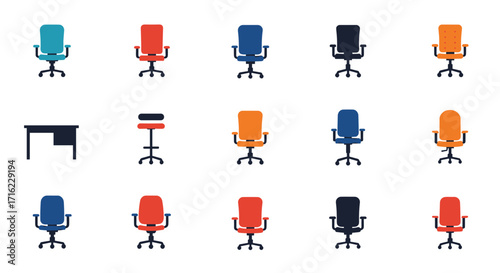 Diverse office seating collection: colorful chairs and desks