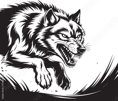 An angry wolf with sharp teeth snarling in a black and white illustration with a tree branch above it