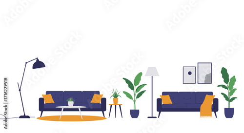 Modern minimalist living room interior with stylish furniture and plants