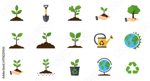 Sustainable gardening icons featuring planting, growth, and recycling symbols