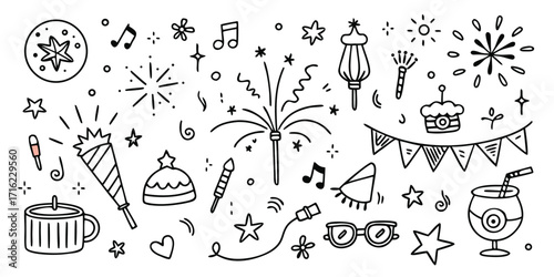 Festive doodle collection featuring fireworks party poppers confetti music notes and celebration elements