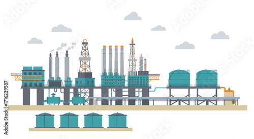 Industrial refinery complex with storage tanks and smoke stacks in flat style