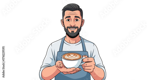 Friendly barista proudly presents a beautifully crafted latte art coffee cup with a warm smile