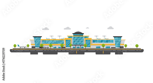 Modern flat style airport terminal with airplanes and runway scene