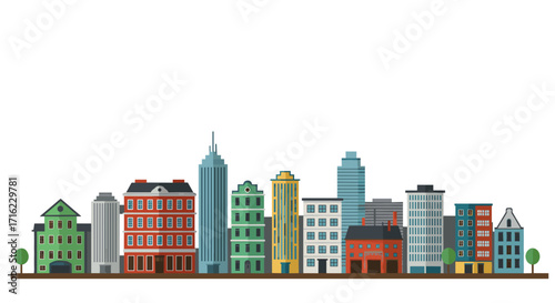 Urban landscape with diverse architectural styles and colorful buildings