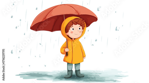 Young Boy Standing Under Rain with Umbrella Vector Illustration