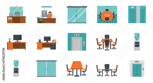 Modern office elements collection featuring furniture and decor in flat design
