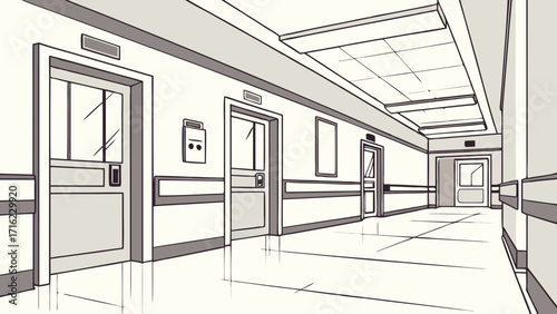 Empty Hospital Hallway Illustration: Long Medical Corridor with Closed Doors and Overhead Lighting in a Monochrome Sketch Style