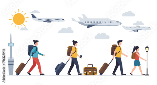 Travelers with luggage walking in city with airplanes above in flat design