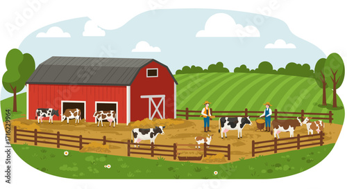 Charming farm scene with barn, cows, and farmers in a pastoral setting