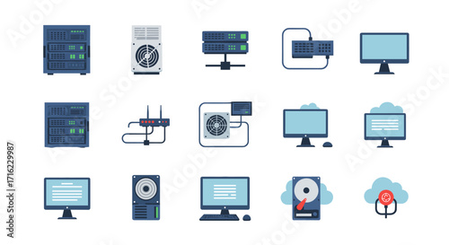 Essential computer hardware icons: simple flat design for servers, monitors, hard drives, networks
