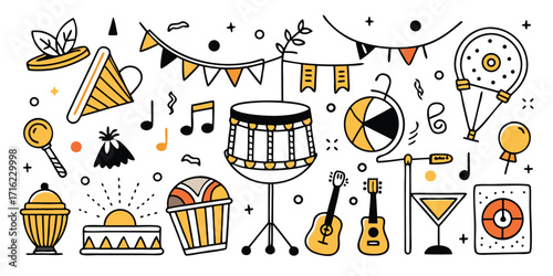 Festive celebration elements featuring musical instruments decorations and party treats lively doodle art style