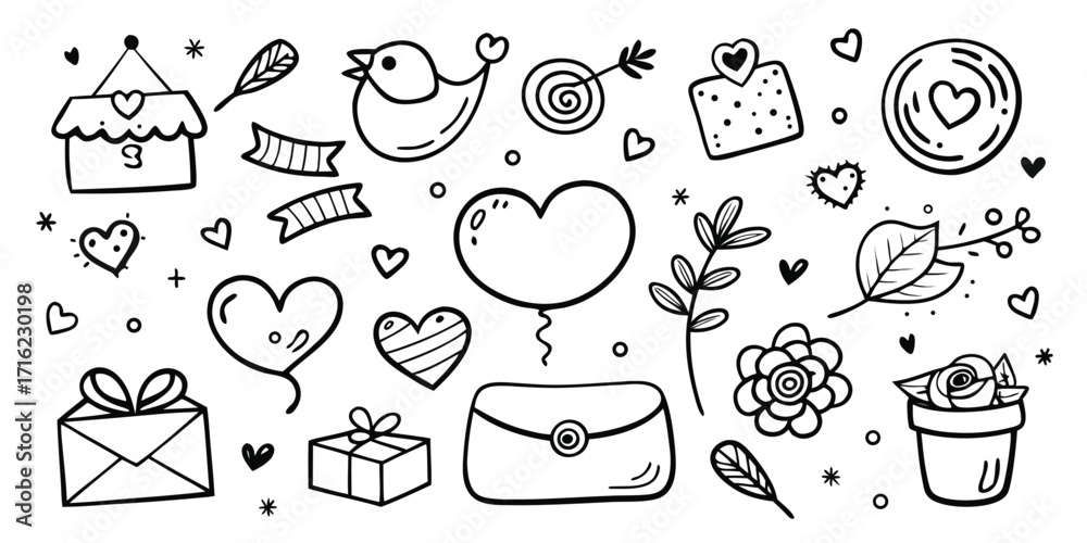 Fototapeta premium Charming hand drawn valentine's day elements collection with hearts gifts and love symbols
