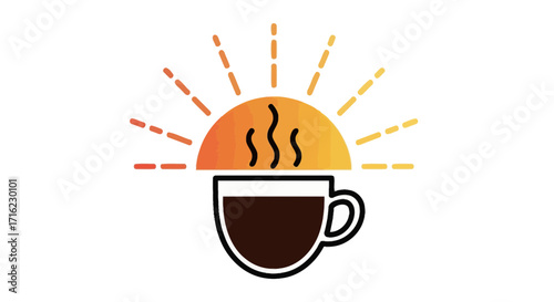 Warm morning sunrise over a steaming cup of rich dark coffee, igniting your day with energy.