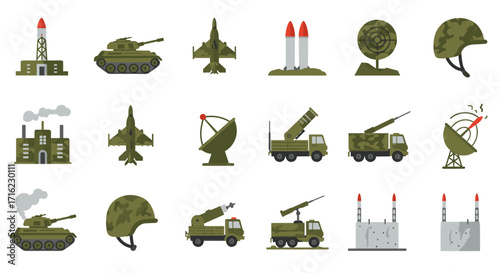 Military equipment icons set in flat style featuring vehicles, weapons, and helmets