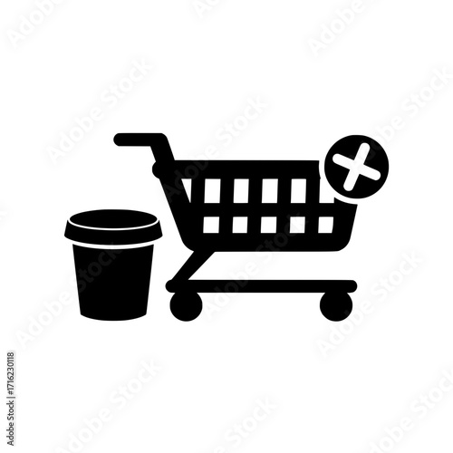 Shopping cart vector with small trash bin and X icon for digital retail item rejection and cart control