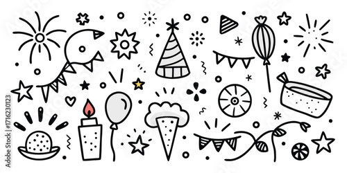 Festive hand-drawn celebration elements featuring balloons fireworks party hats and ice cream