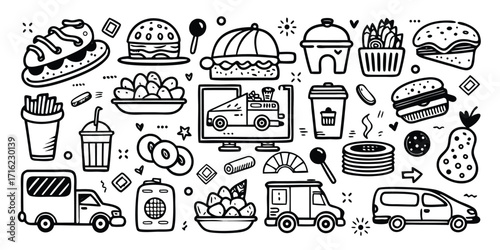 Whimsical hand-drawn food delivery and fast food collection for a fun vibe