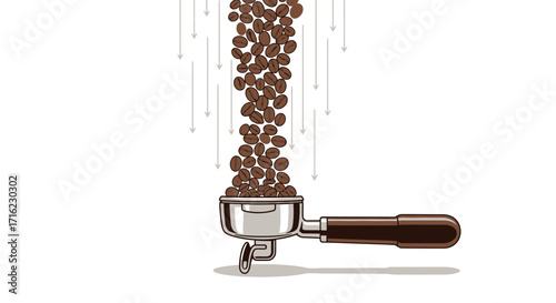 Fresh coffee beans cascade into a professional portafilter, signaling brewing perfection and rich aroma.