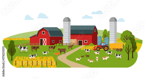 Colorful farm landscape with animals and red barn in flat style