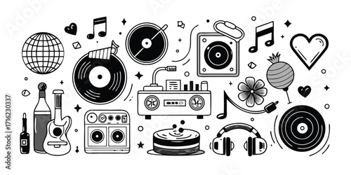 Retro music icons guitar records headphones boombox disco ball and more party elements