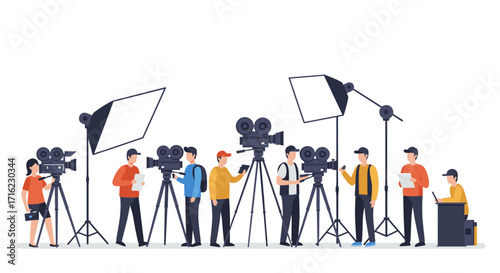 Film crew in action with cameras and studio lights on white background