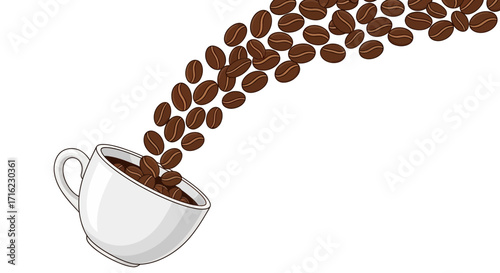 Fresh coffee beans cascade into a white cup, creating an aromatic morning scene