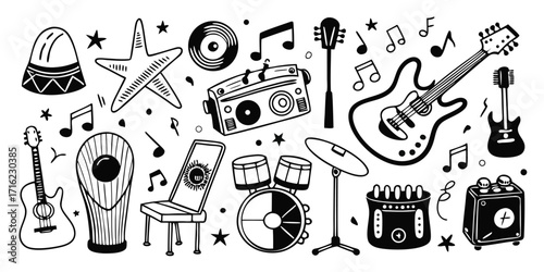 Collection of hand-drawn musical instruments and party elements for celebration