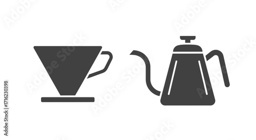 Sleek pour-over coffee maker and gooseneck kettle icon set for modern cafe branding
