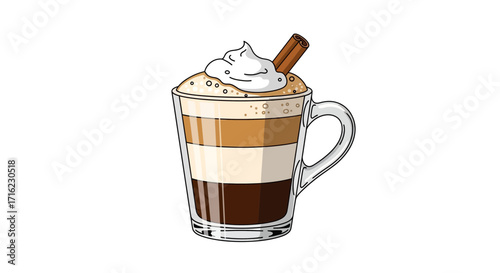Indulgent layered coffee drink topped with whipped cream and cinnamon stick, perfect for cafes and menus
