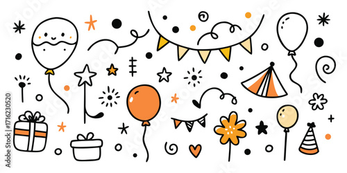 Doodle style festive party elements including balloons gifts bunting and party hats for celebrations