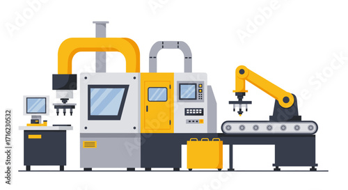 Flat industrial robotics automation technology with conveyor and machinery elements
