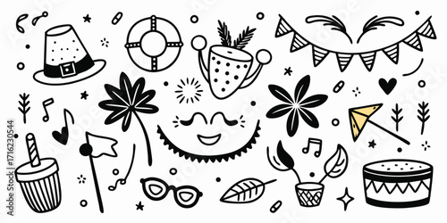 Collection of hand-drawn holiday and celebration icons and symbols for festive designs