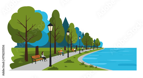 Serene park scene with people relaxing along tree-lined path by lake