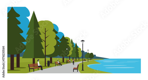 Tranquil park walkway with benches and lakeside scenery in flat design